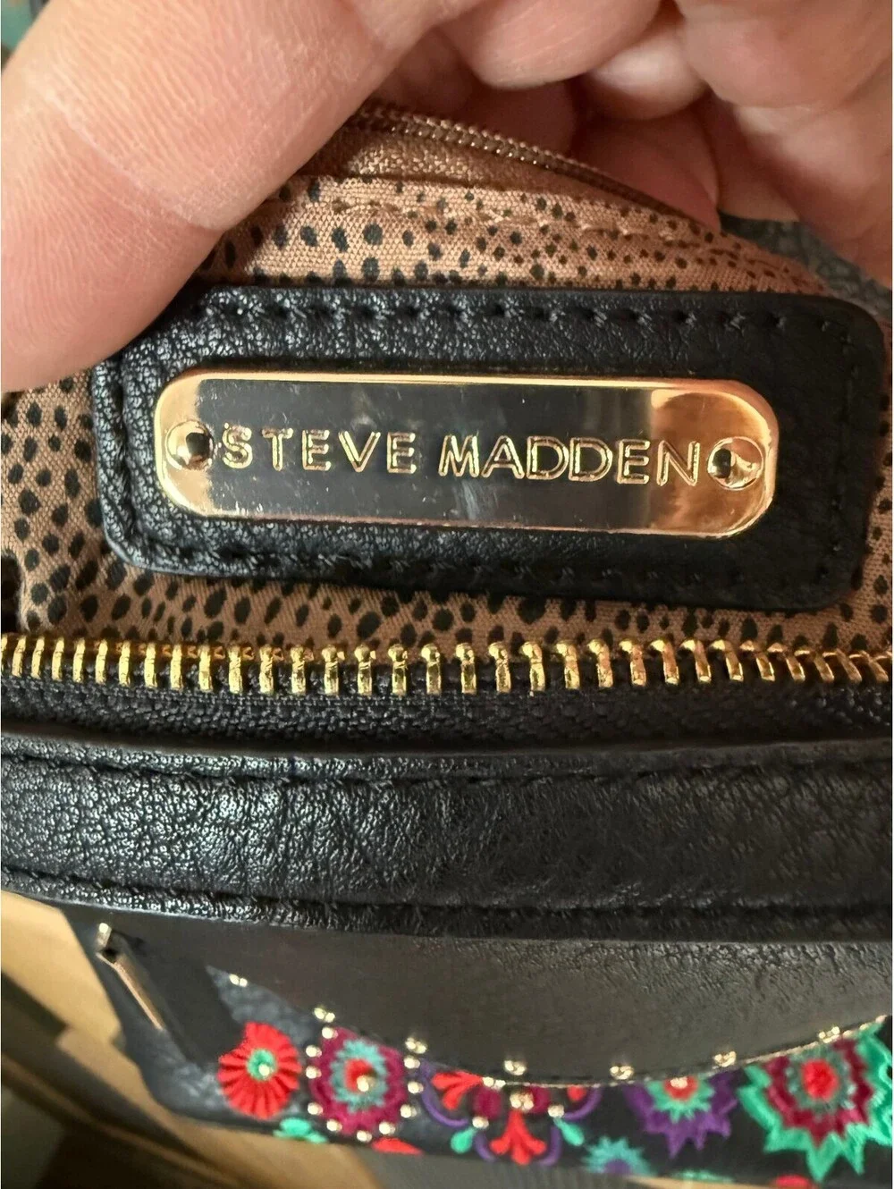 Steve Madden Black Floral Embroidered Faux Leather Backpack